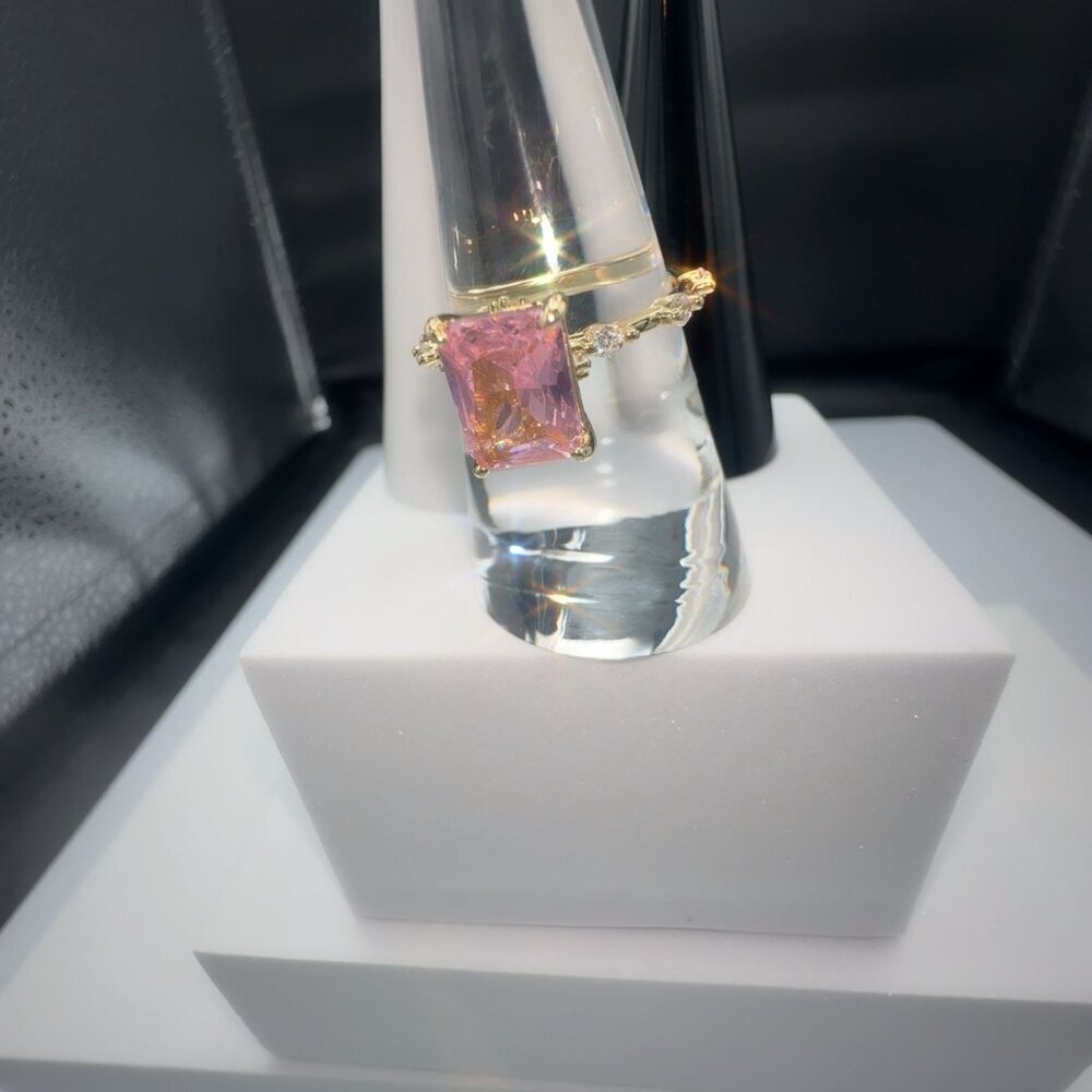 Pink Radiant-Cut Gemstone Ring With Gold-Plated Brass Band & Micro Insert Inlay - Picture 6 of 9